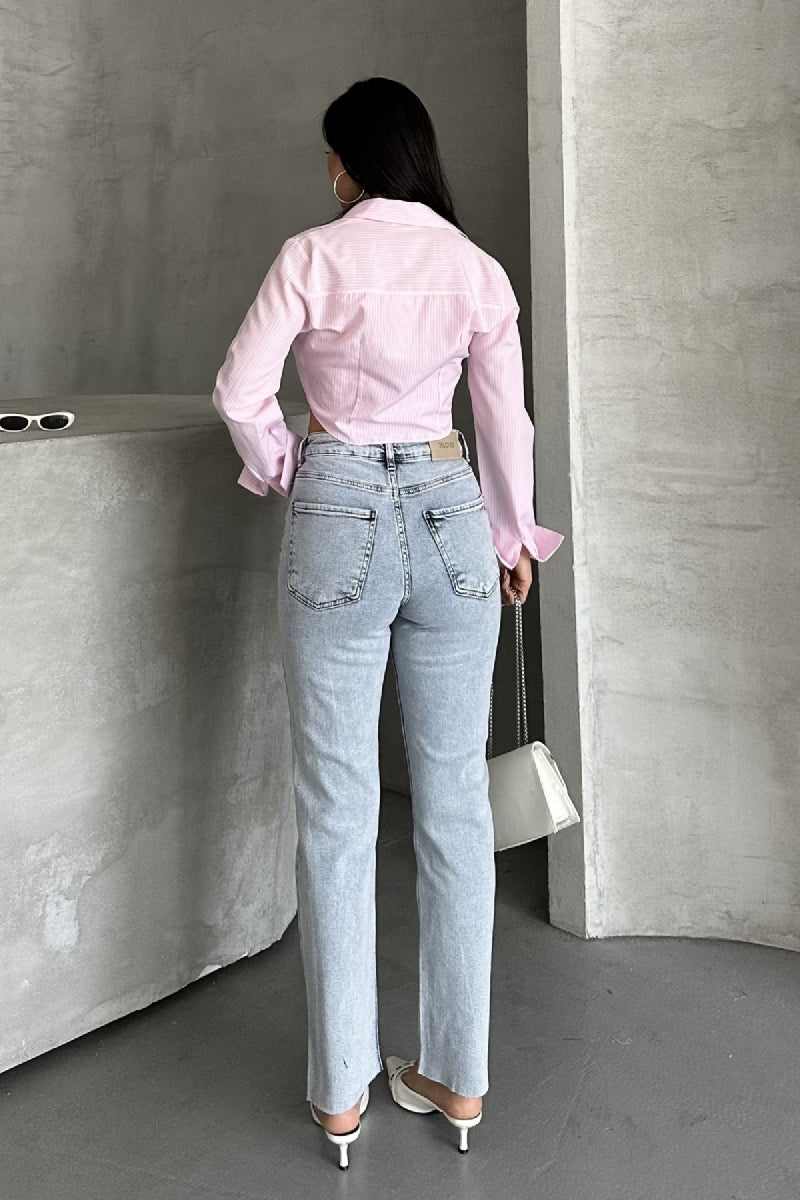 Mom Fit Kot Pantolon 7064 - Kar Yıkama Açık Mavi - (26-31) - 2