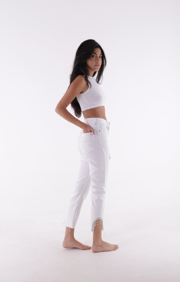 Taşlı Asimetrik Paça Pantolon 1881 - Beyaz - (28-33) - 2