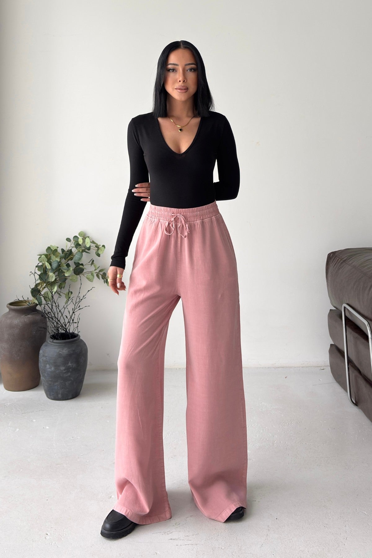 Lastikli Palazzo Pantolon HS708 - Gül Kurusu - (S-XL) - 2