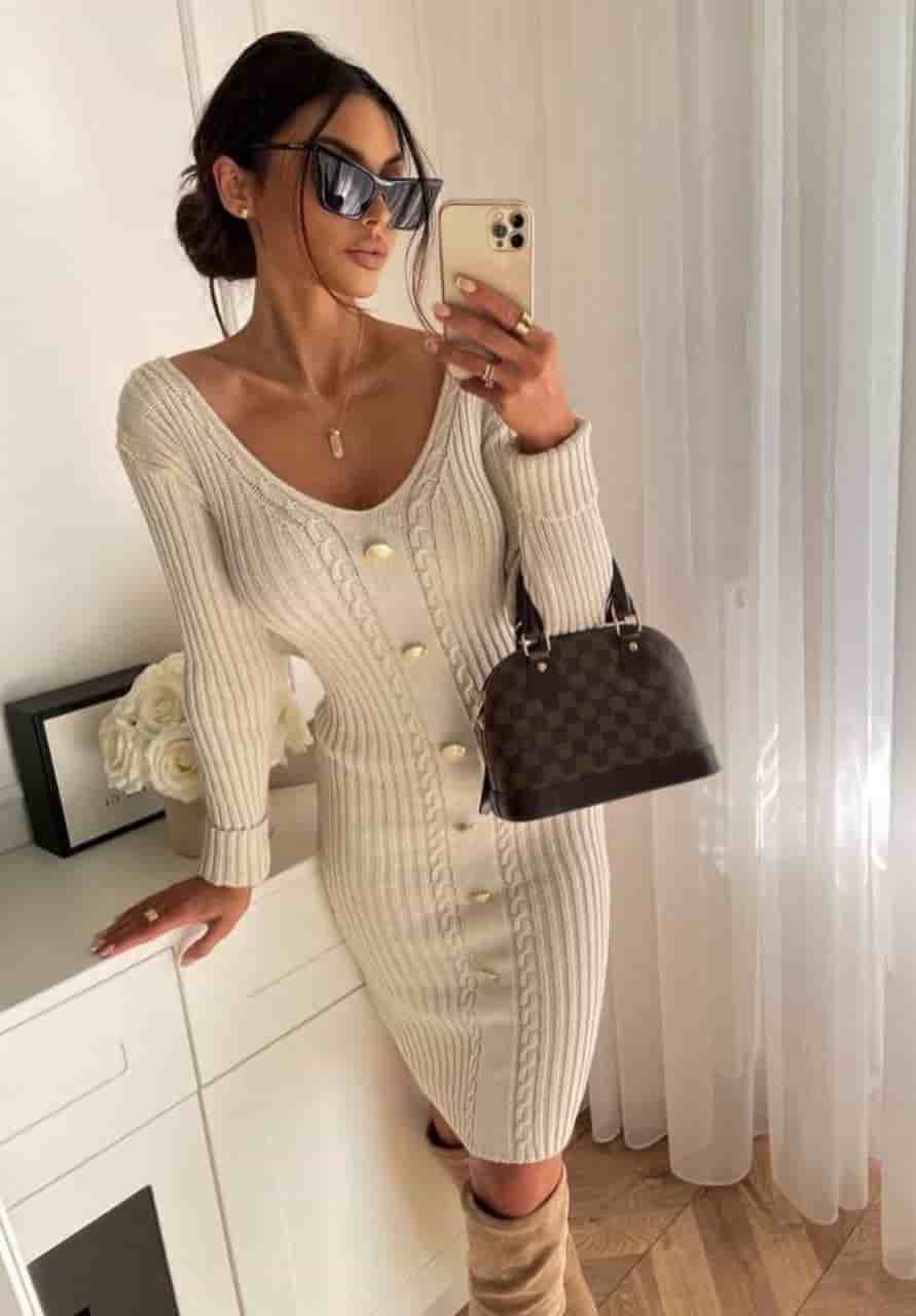 Düğme Detay Elbise 877