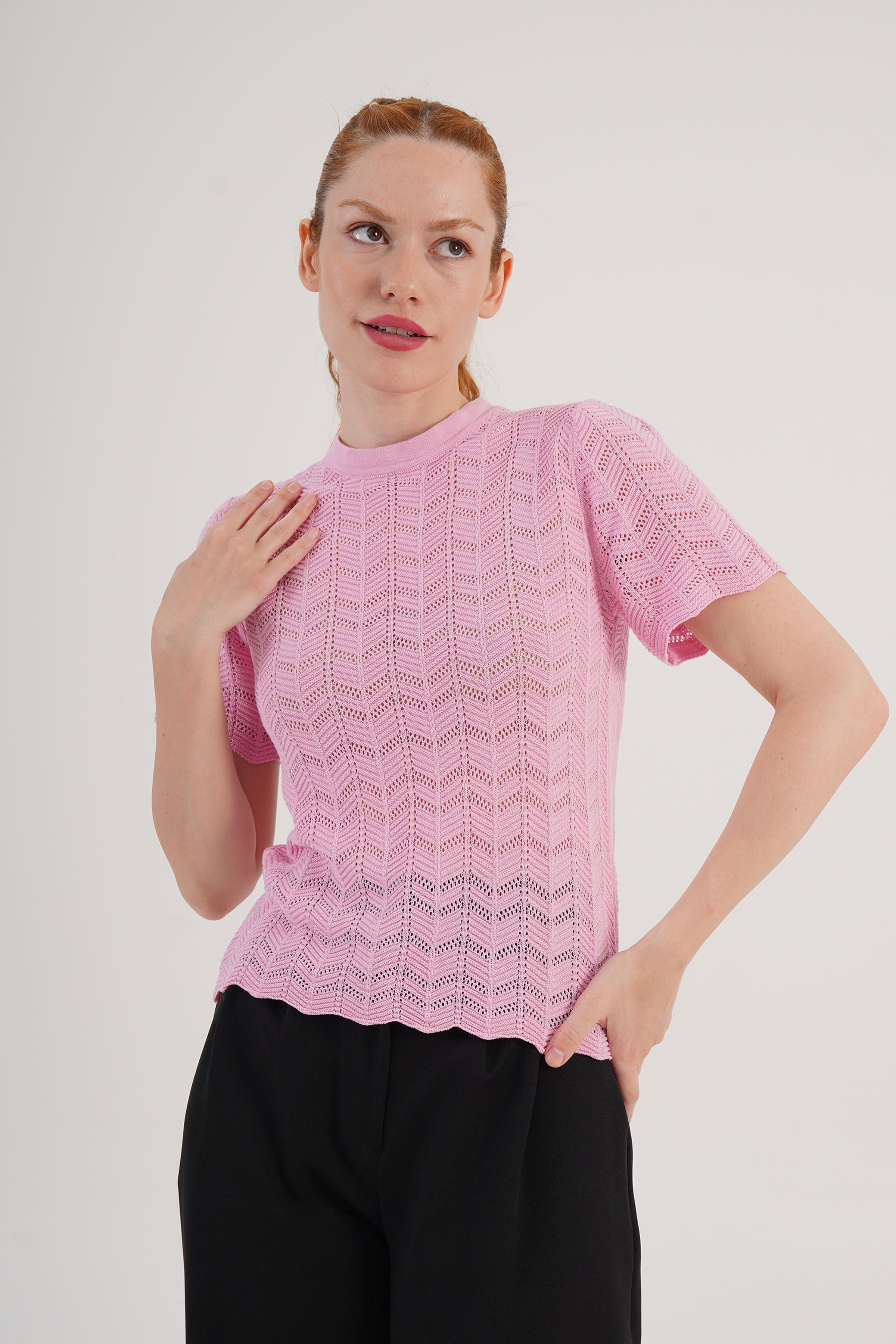 Örgü Model Kısa Kol Toptan Pembe Triko Bluz Pembe STD