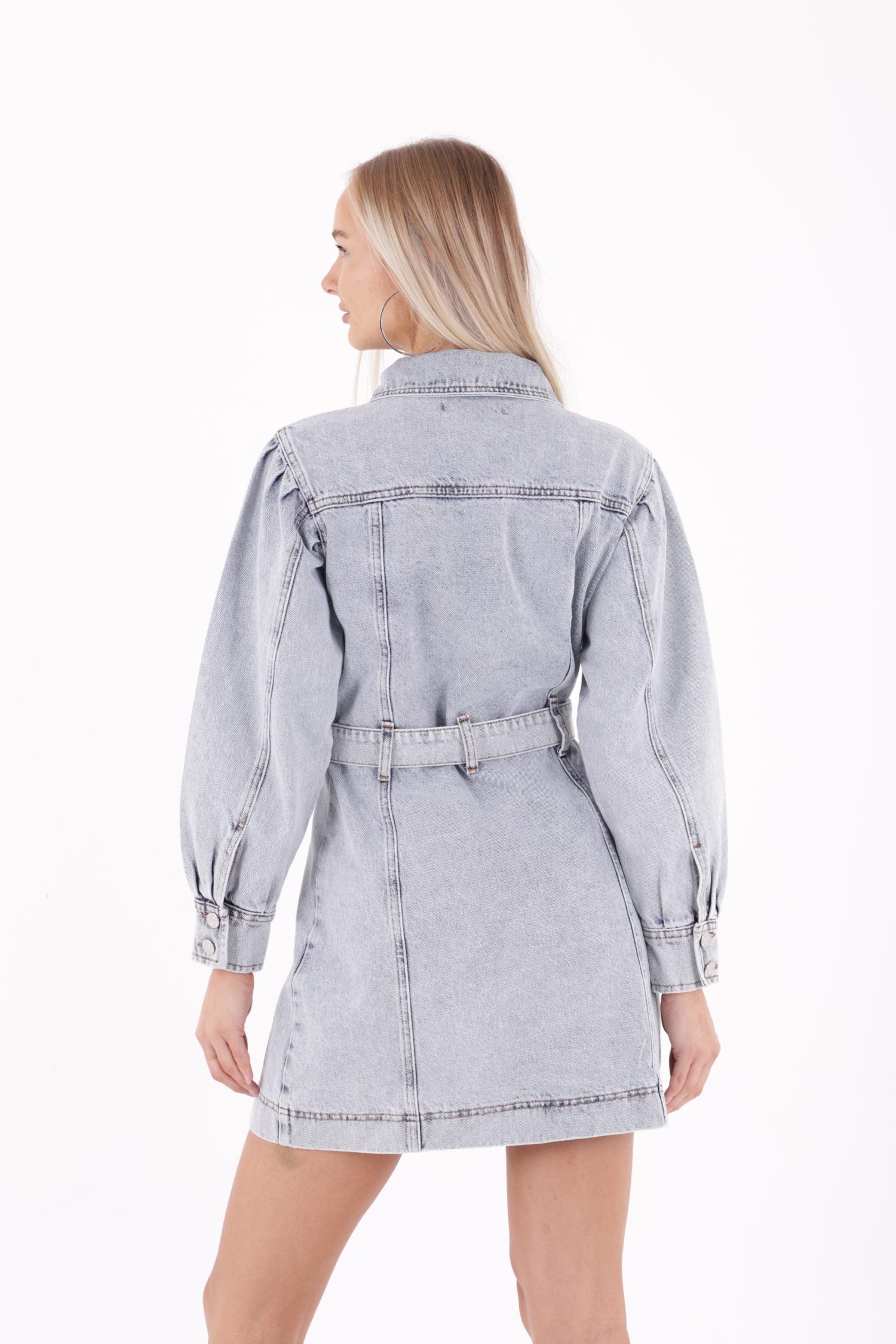 Düğmeli Balon Kol Kot Elbise - Kar Yıkama Açık Mavi - (S-XL-6) - 3