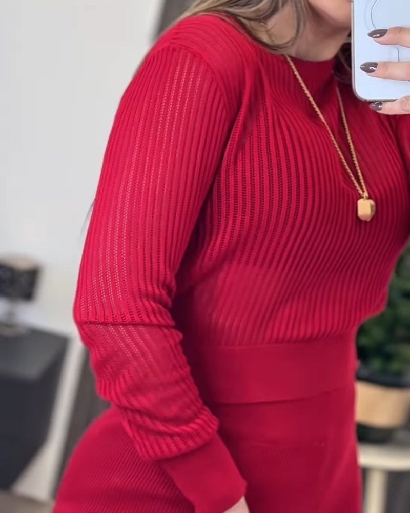 Kadın Uzun Kollu Yuvarlak Yaka Transparan Detaylı Triko Bluz Ve Pantolon Ikili Takım, 31662