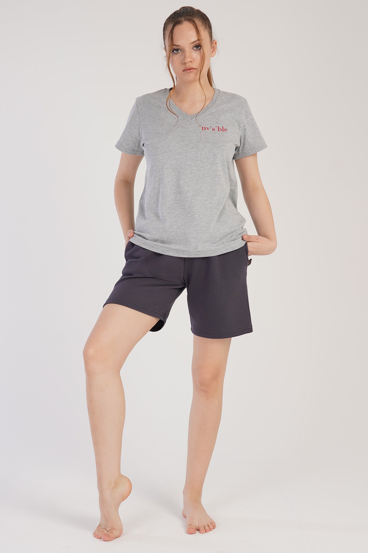 KADIN P.SUPREM/3IPLIK V YAKA KISA KOL CEPLI SORT TAKIM