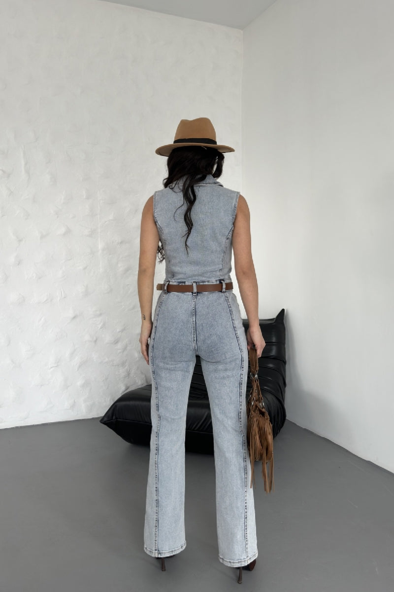 Kuplu Kolsuz Fermuarlı Kot Tulum - Kar Yıkama Açık Mavi - (S-XL) - 3