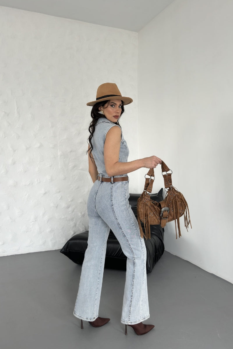 Kuplu Kolsuz Fermuarlı Kot Tulum - Kar Yıkama Açık Mavi - (S-XL) - 5