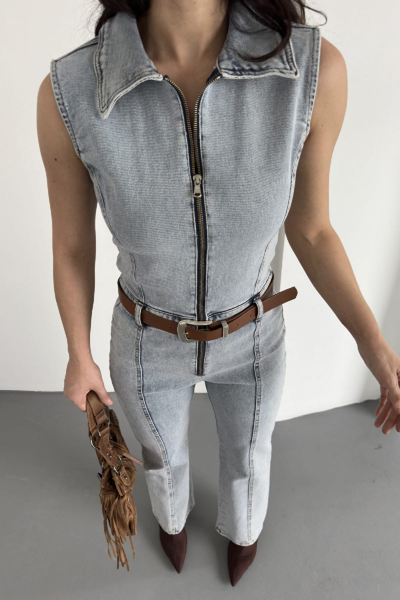 Kuplu Kolsuz Fermuarlı Kot Tulum - Kar Yıkama Açık Mavi - (S-XL) - 6