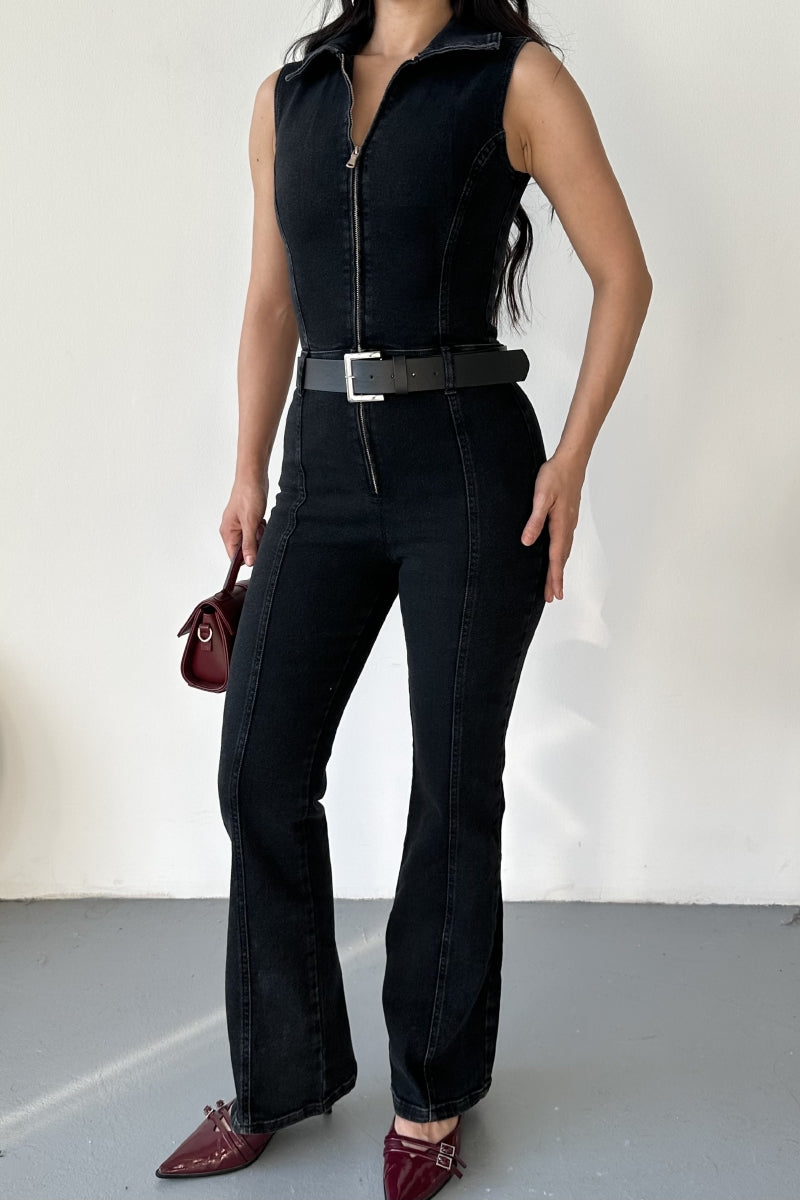 Kuplu Kolsuz Fermuarlı Kot Tulum - Düz Antrasit - (S-XL) - 2