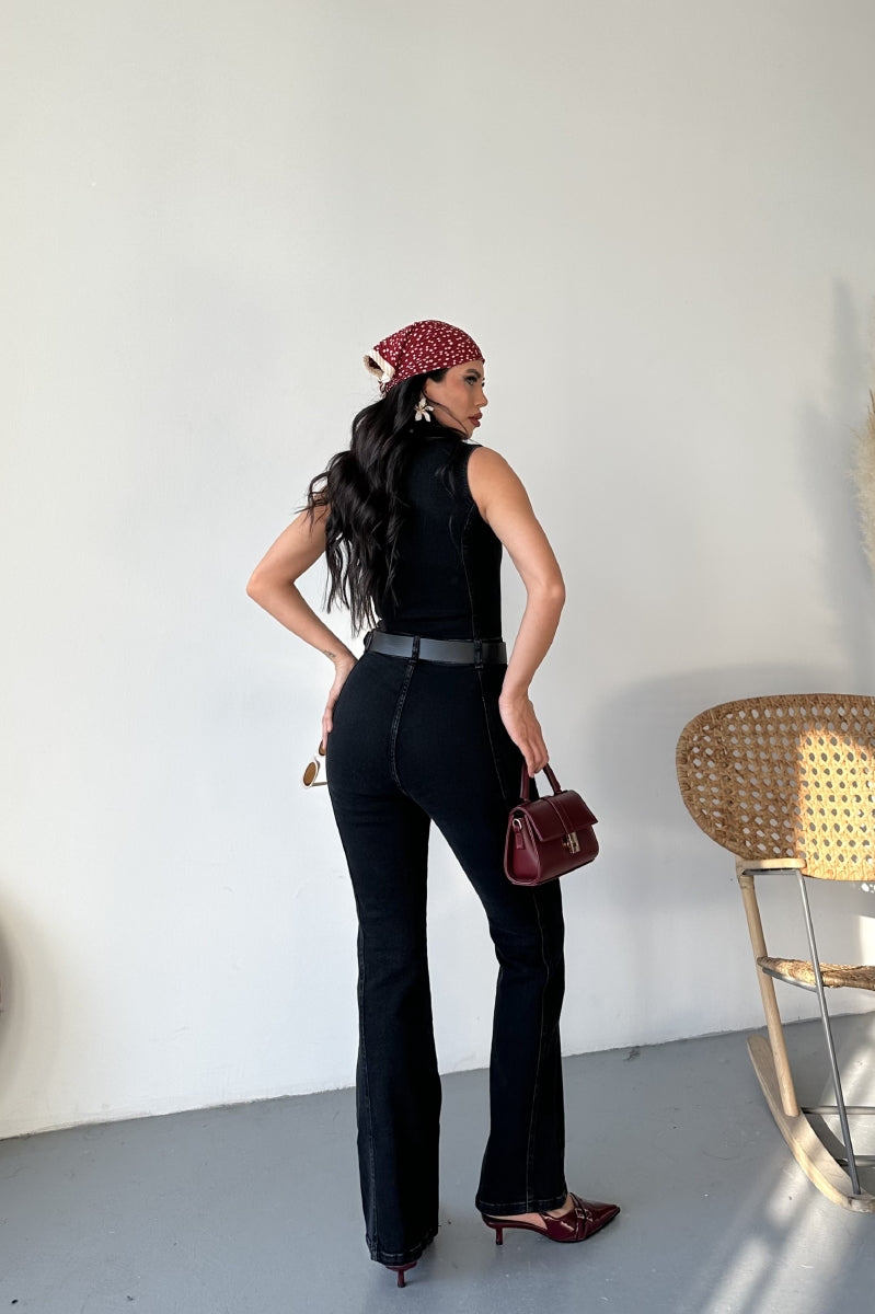 Kuplu Kolsuz Fermuarlı Kot Tulum - Düz Antrasit - (S-XL) - 4
