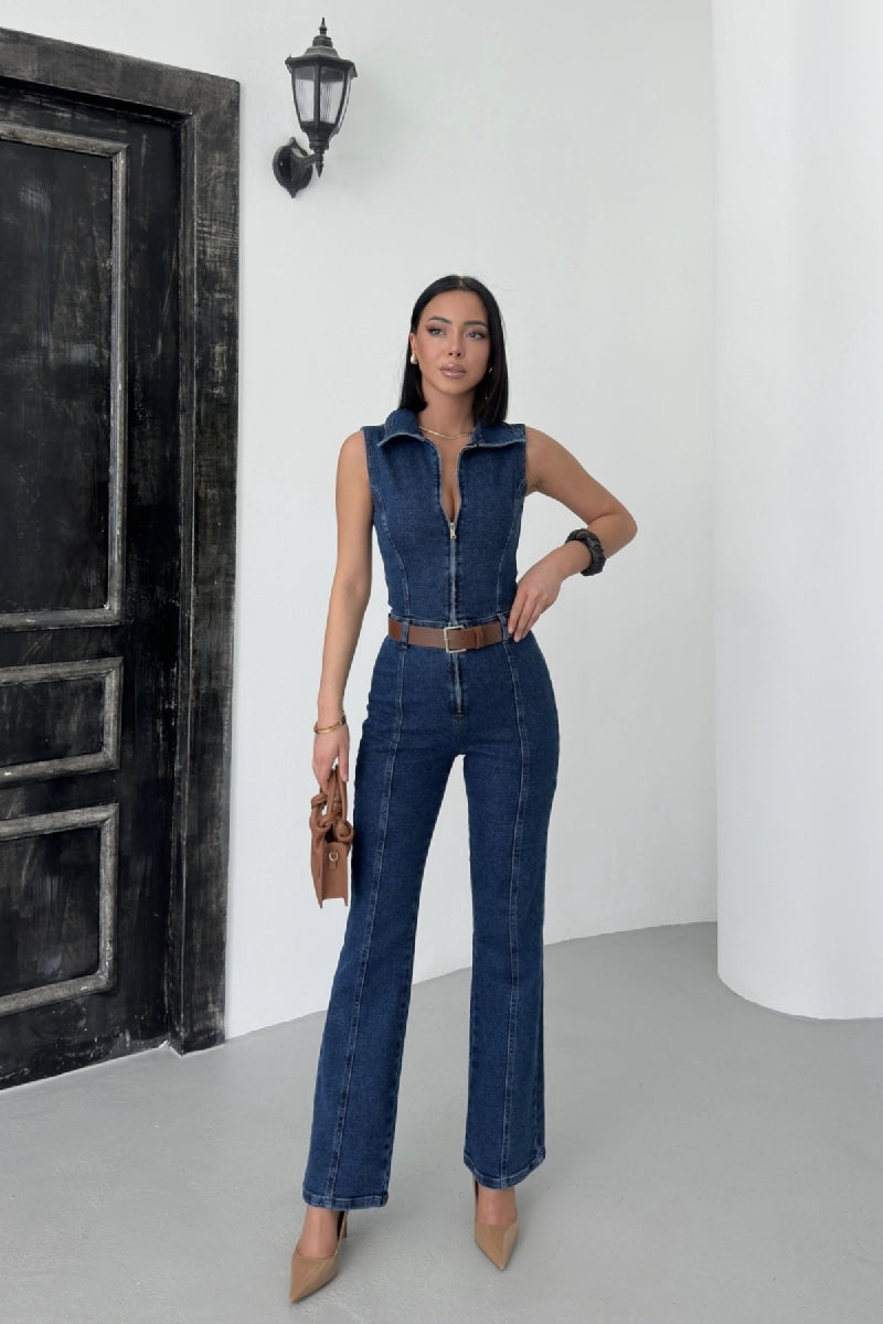 Kuplu Kolsuz Fermuarlı Kot Tulum - Düz Koyu Rins - (S-XL) - 3