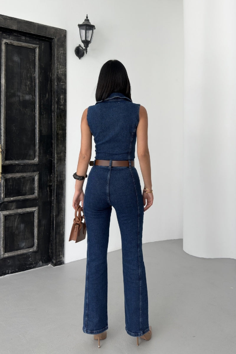 Kuplu Kolsuz Fermuarlı Kot Tulum - Düz Koyu Rins - (S-XL) - 4