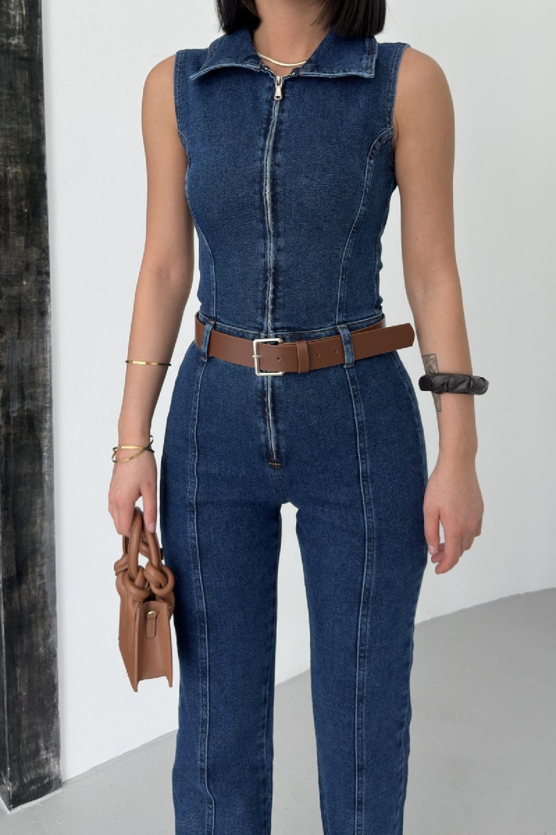 Kuplu Kolsuz Fermuarlı Kot Tulum - Düz Koyu Rins - (S-XL) - 5