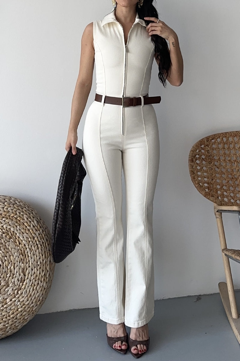 Kuplu Kolsuz Fermuarlı Kot Tulum - Naturel - (S-XL) - 2