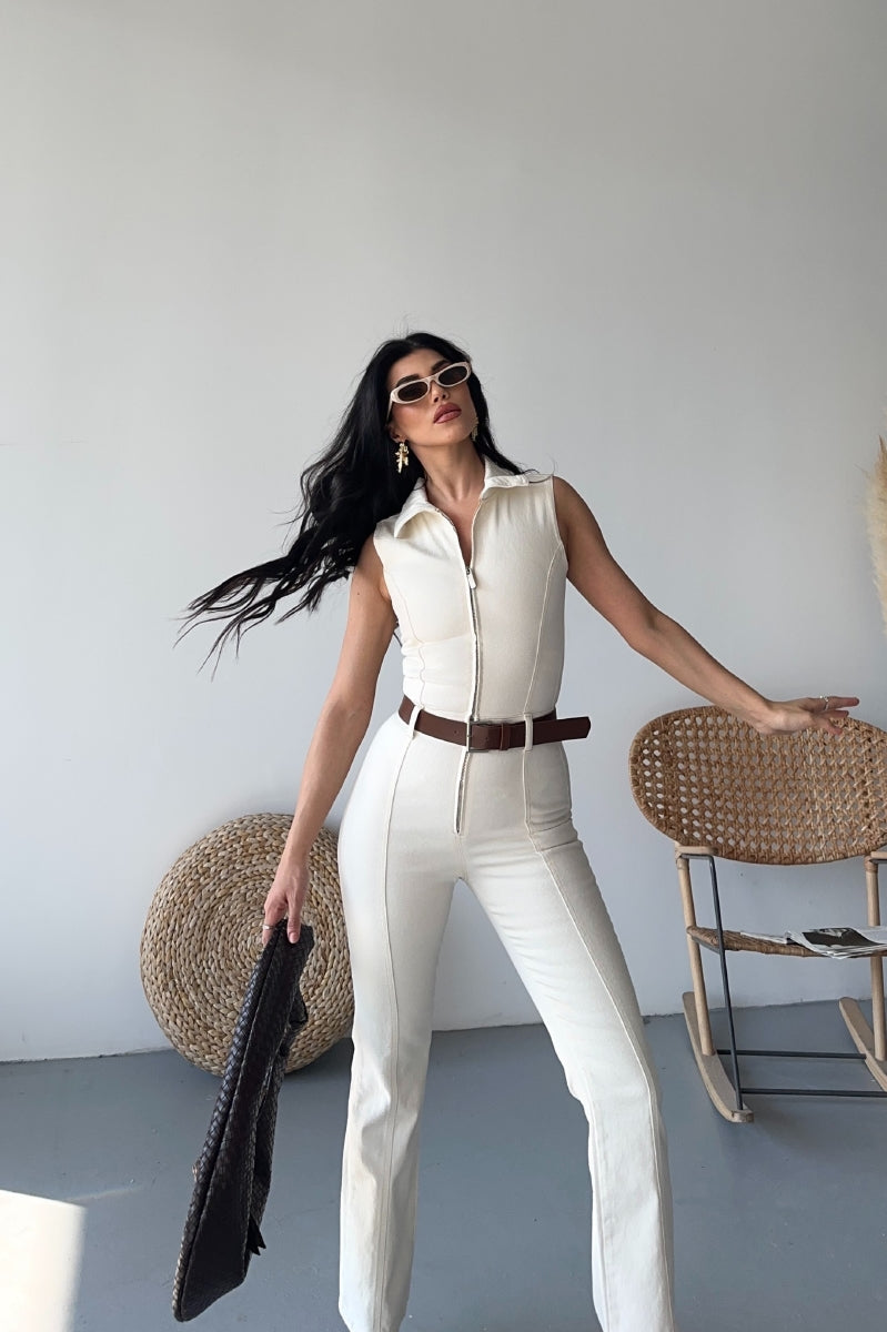 Kuplu Kolsuz Fermuarlı Kot Tulum - Naturel - (S-XL) - 3