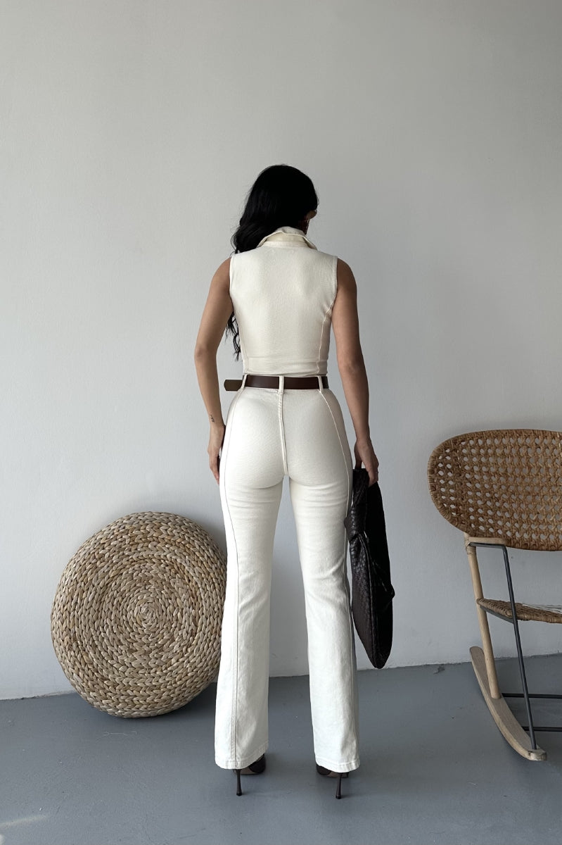 Kuplu Kolsuz Fermuarlı Kot Tulum - Naturel - (S-XL) - 4