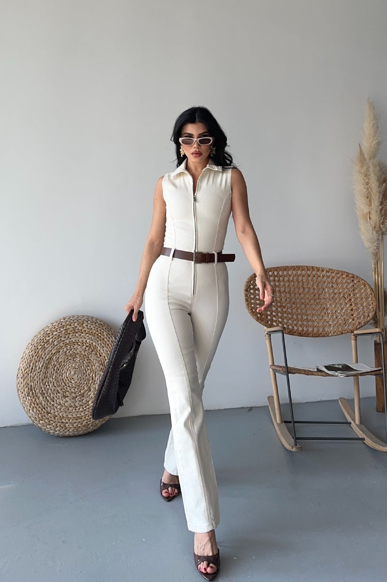 Kuplu Kolsuz Fermuarlı Kot Tulum - Naturel - (S-XL) - 5