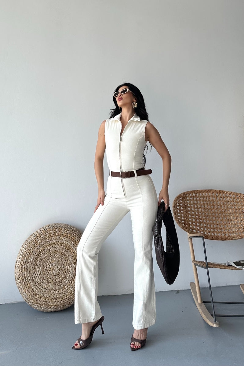 Kuplu Kolsuz Fermuarlı Kot Tulum Naturel