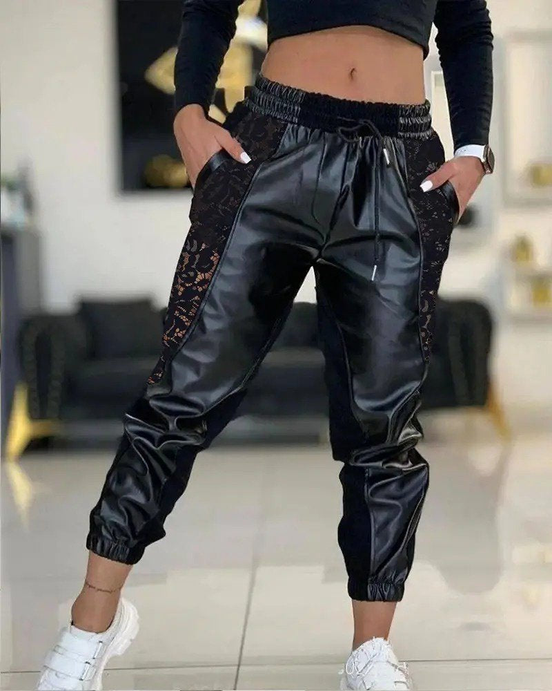 Women's High Waisted Elasticated Lace Detail Drawstring Leather Trousers, 30179