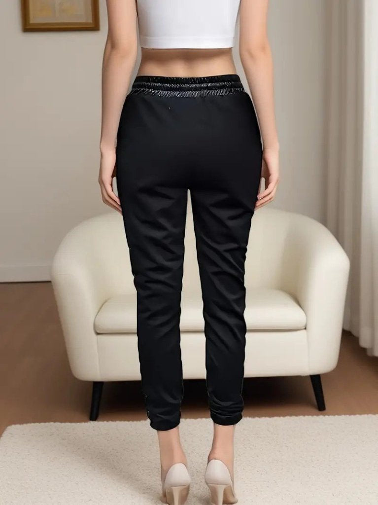 Women's High Waisted Elasticated Lace Detail Drawstring Leather Trousers, 30179