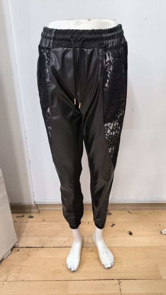 Women's High Waisted Elasticated Lace Detail Drawstring Leather Trousers, 30179