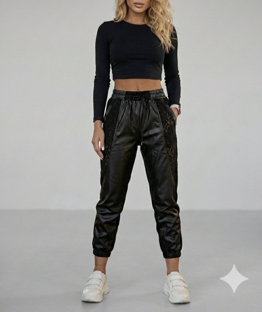 Women's High Waisted Elasticated Lace Detail Drawstring Leather Trousers, 30179