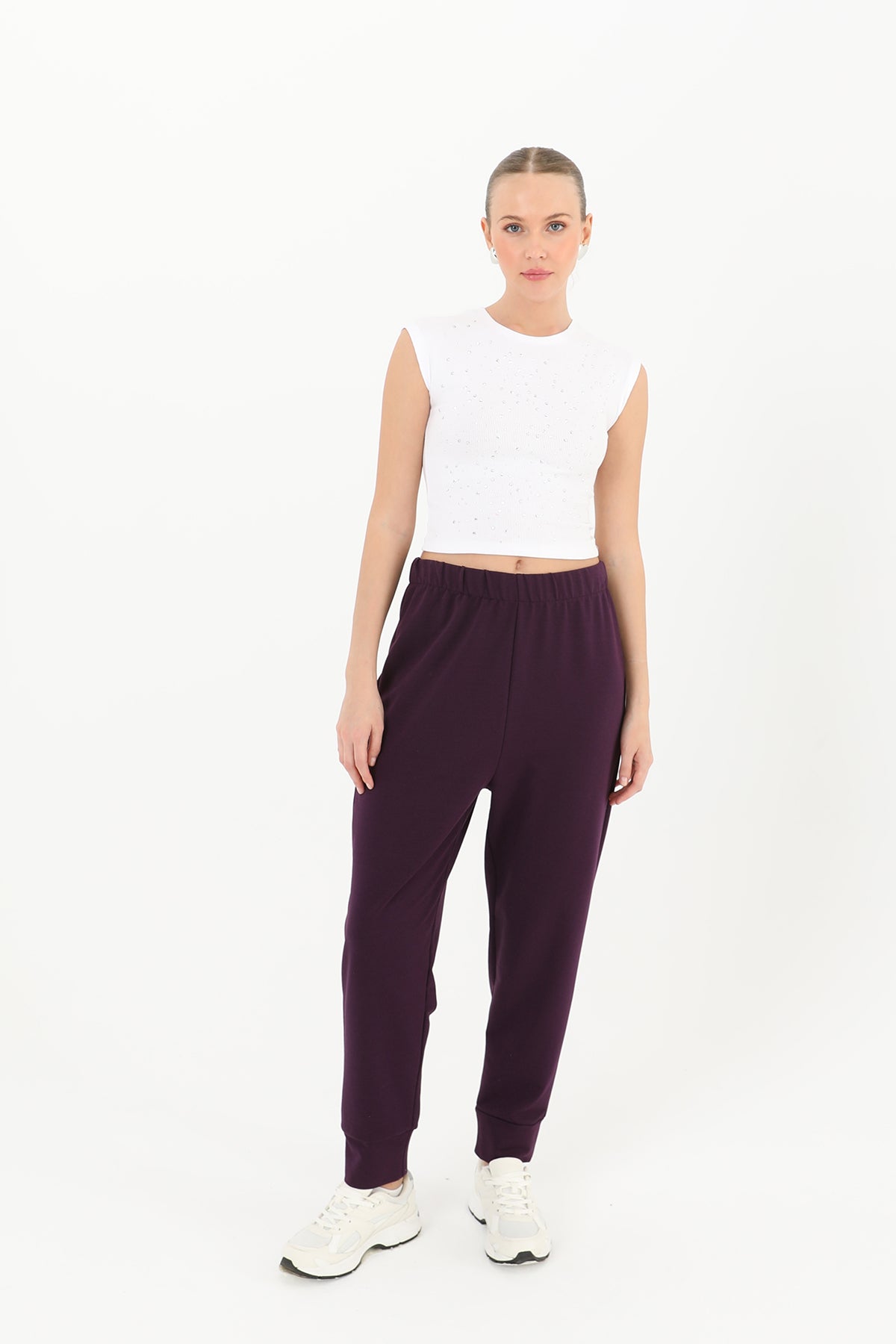 Kadın Ribana Detaylı Eşofman Altı - 30189PNT - DARK PURPLE