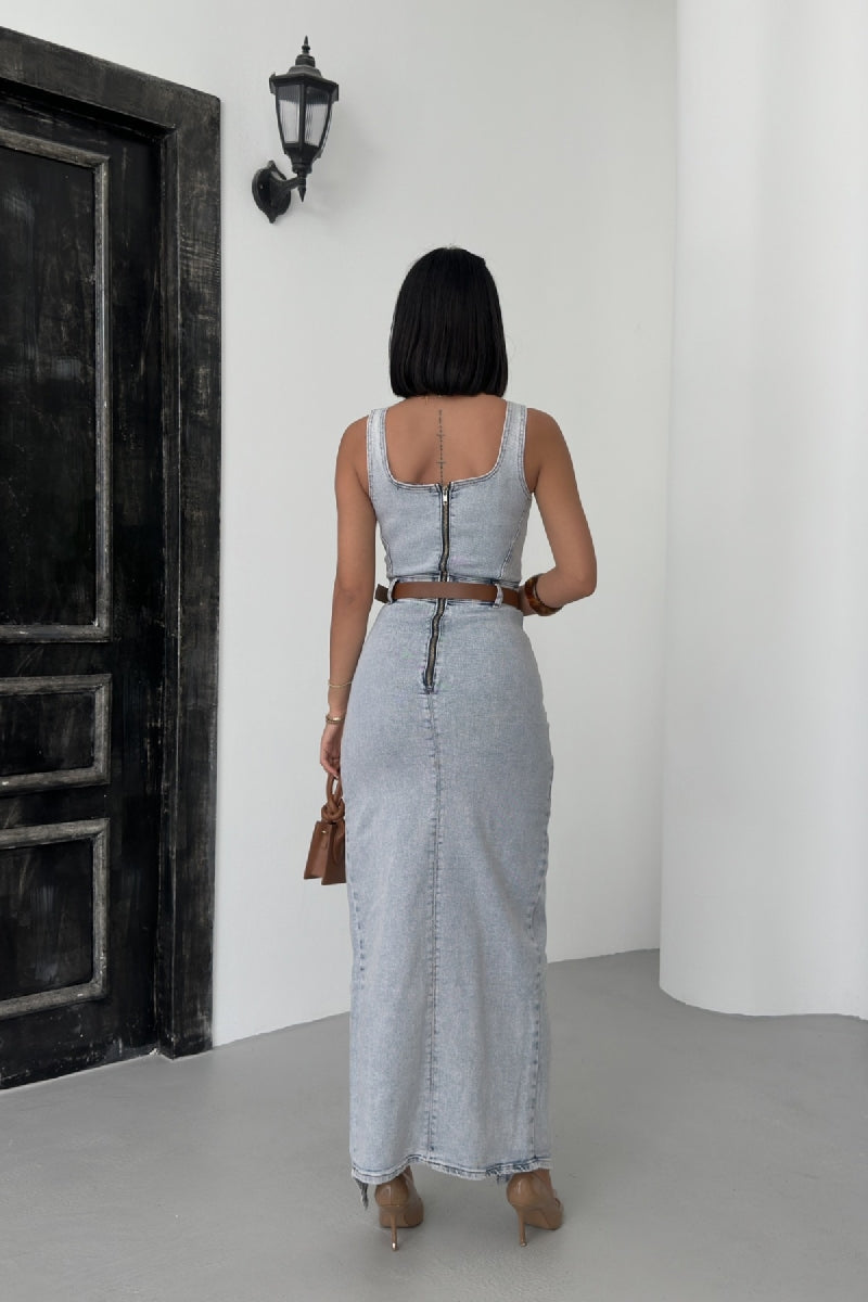 Askılı Kuplu Asimetrik Detaylı Kot Elbise - Kar Yıkama Açık Mavi - (S-XL) - 3