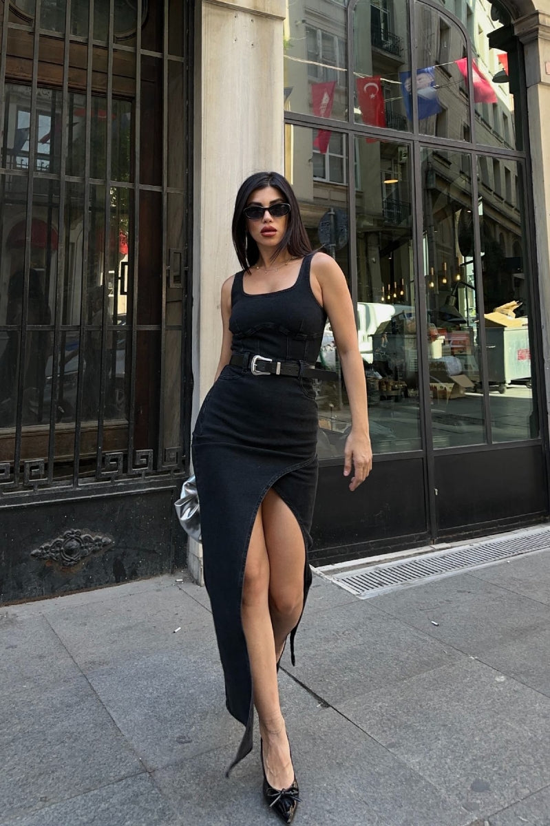Askılı Kuplu Asimetrik Detaylı Kot Elbise - Düz Antrasit - (S-XL) - 2