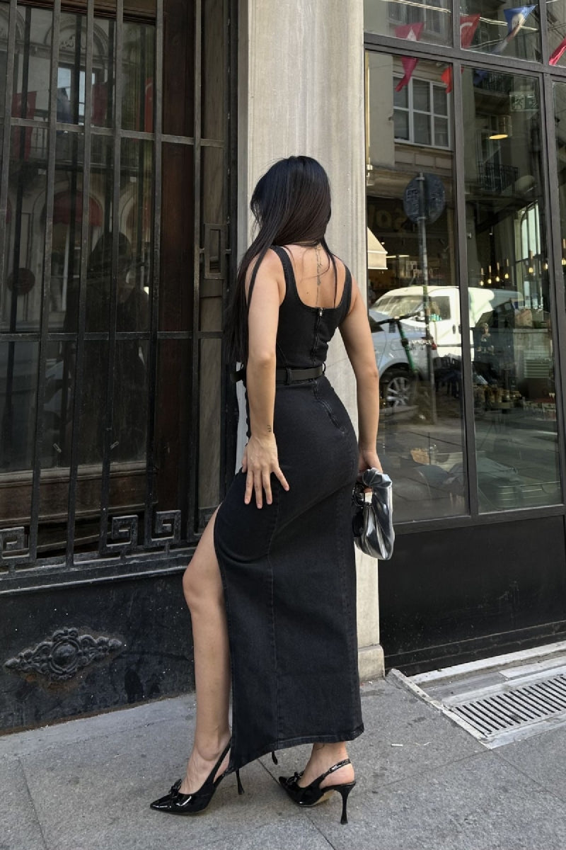 Askılı Kuplu Asimetrik Detaylı Kot Elbise - Düz Antrasit - (S-XL) - 5