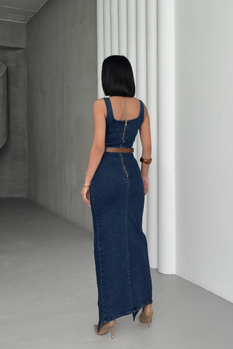 Askılı Kuplu Asimetrik Detaylı Kot Elbise - Düz Koyu Rins - (S-XL) - 3