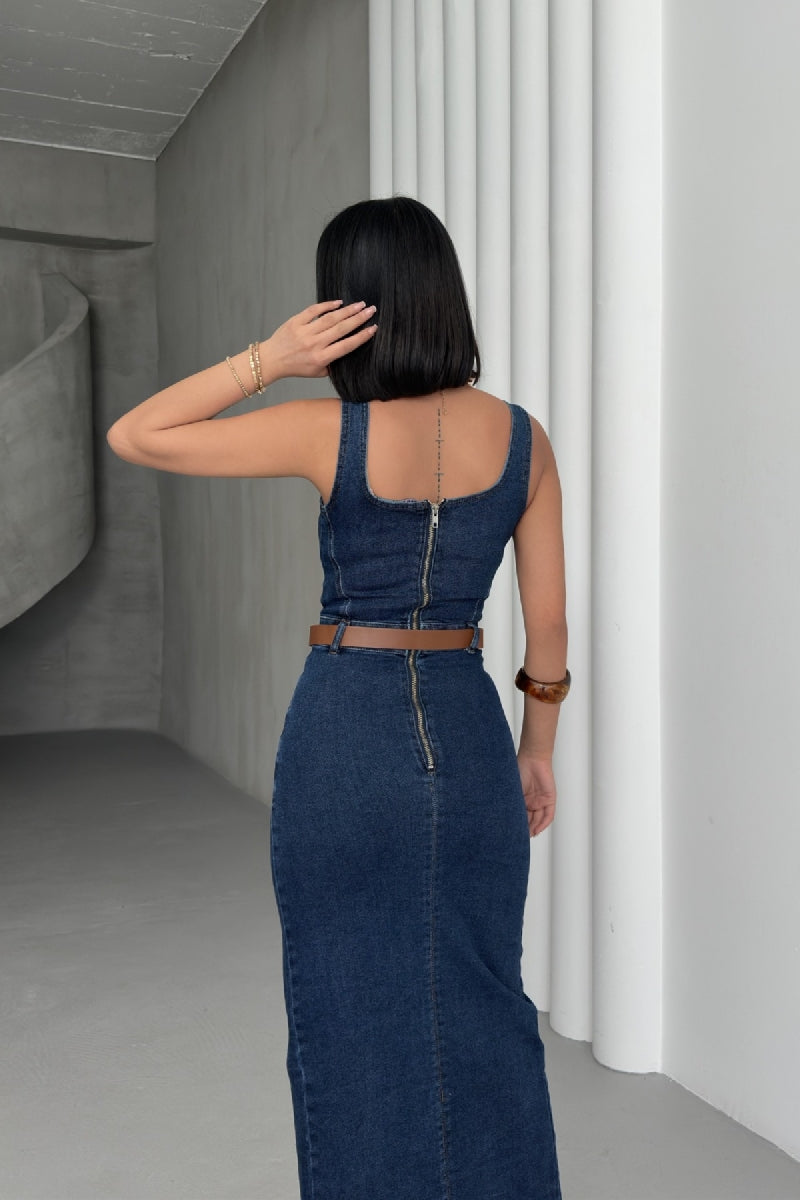 Askılı Kuplu Asimetrik Detaylı Kot Elbise - Düz Koyu Rins - (S-XL) - 6