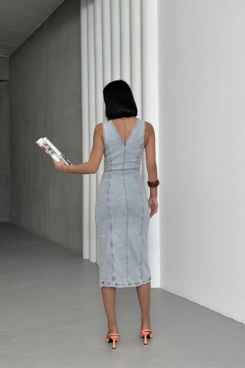 Likralı Kuplu Ayarlanabilir Askılı Kot Elbise - Kar Yıkama Açık Mavi - (S-XL) - 3