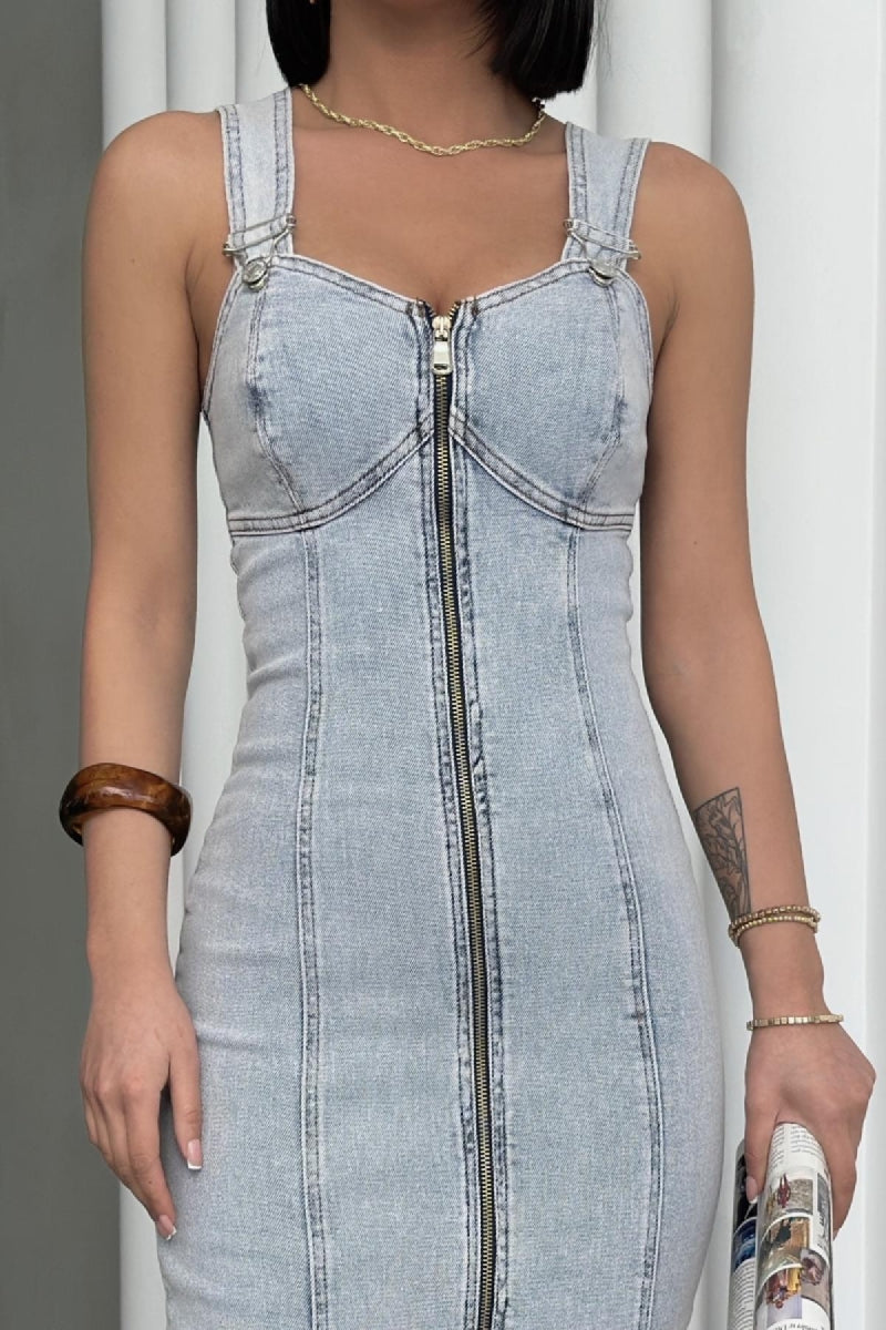 Likralı Kuplu Ayarlanabilir Askılı Kot Elbise - Kar Yıkama Açık Mavi - (S-XL) - 6