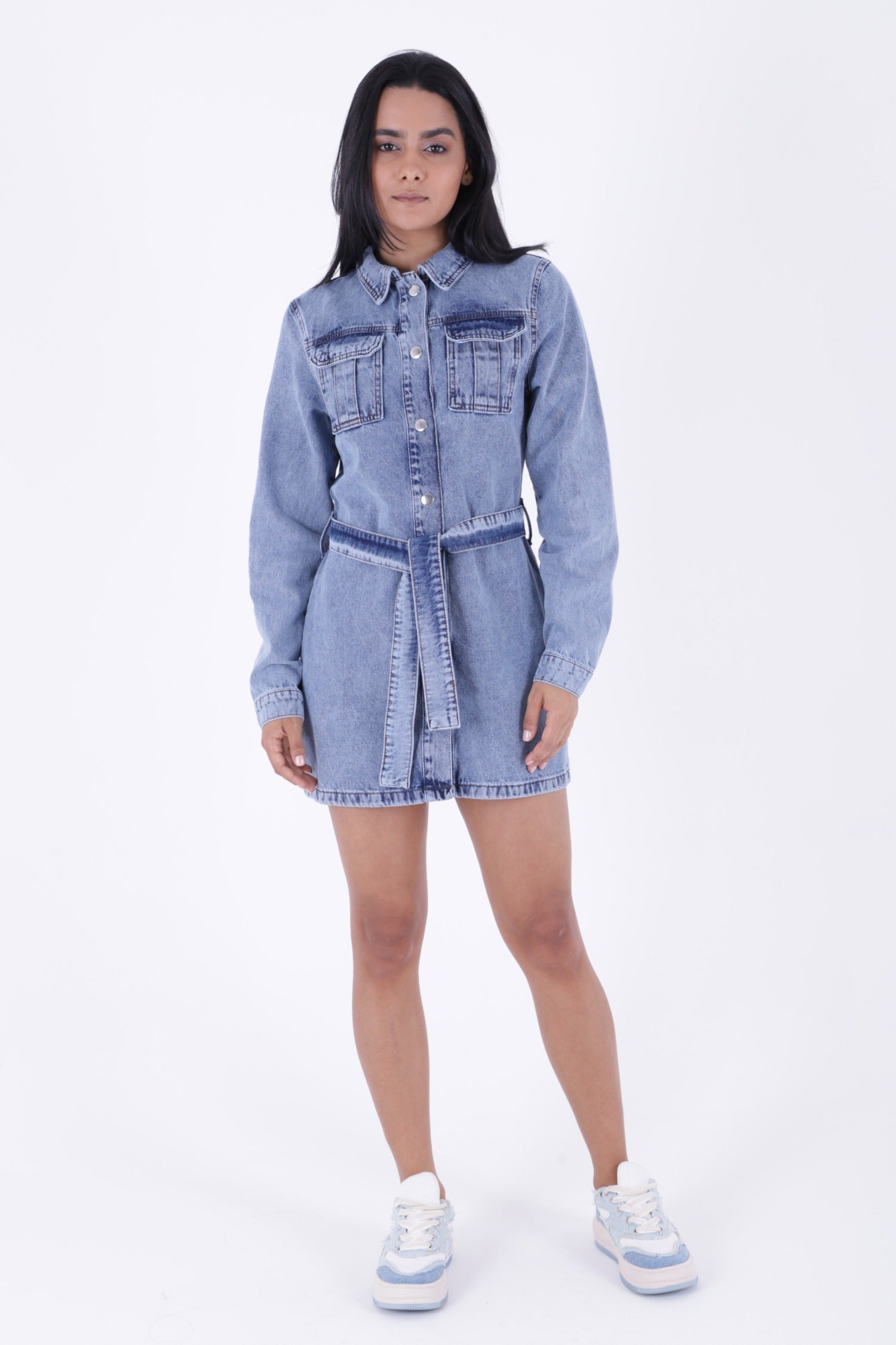 Kemerli Çıtçıtlı Kot Elbise - Orta Mavi Kar Yıkama Tintli - (S-XL-6) - 2