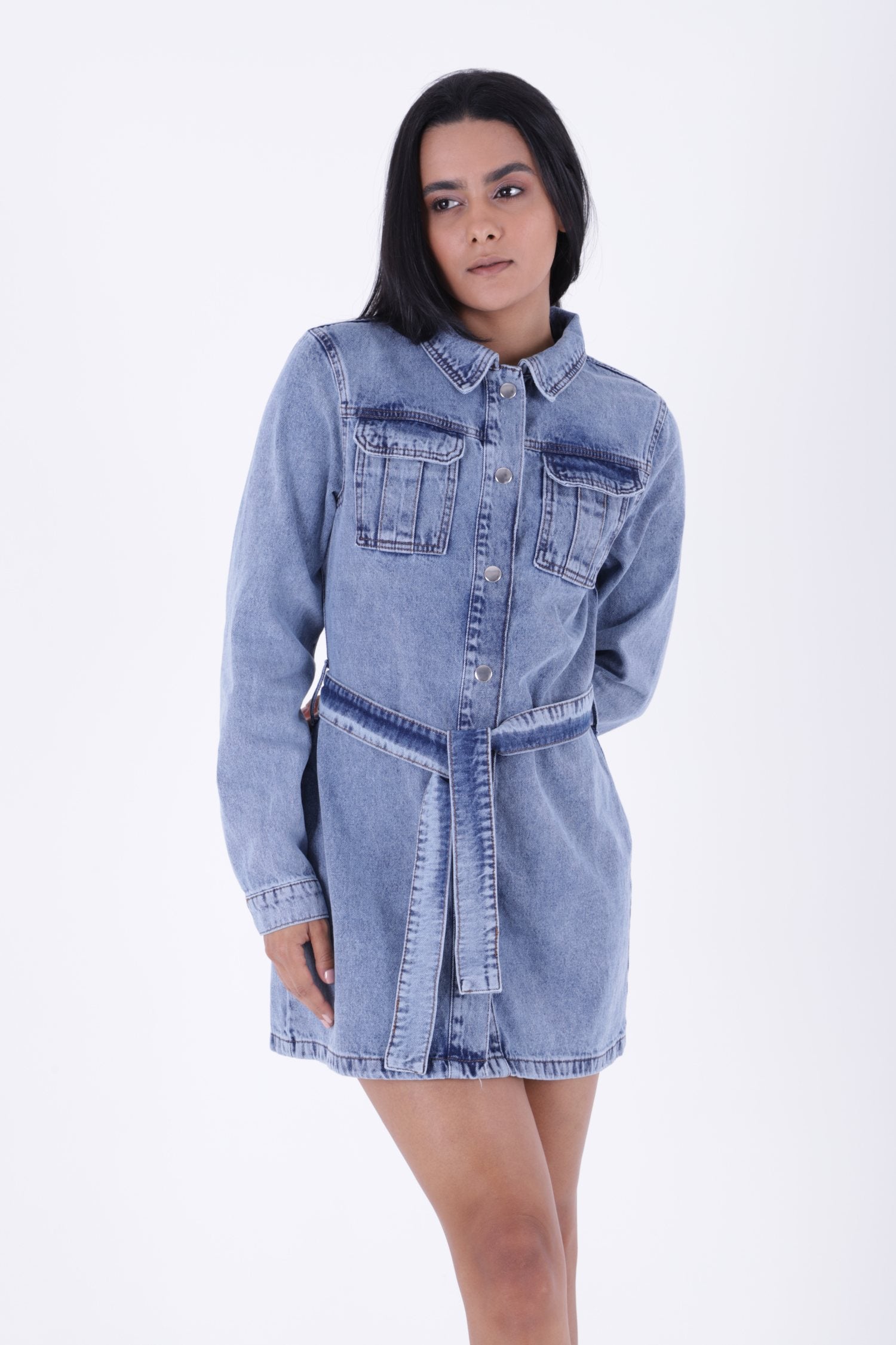 Kemerli Çıtçıtlı Kot Elbise - Orta Mavi Kar Yıkama Tintli - (S-XL-6) - 4