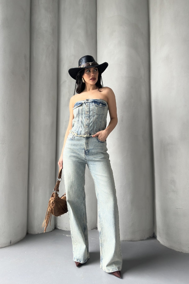 Straplez Detaylı Önü Düğmeli Kot Tulum - Buz Mavisi ve Tintli - (XS-L-6) - 5