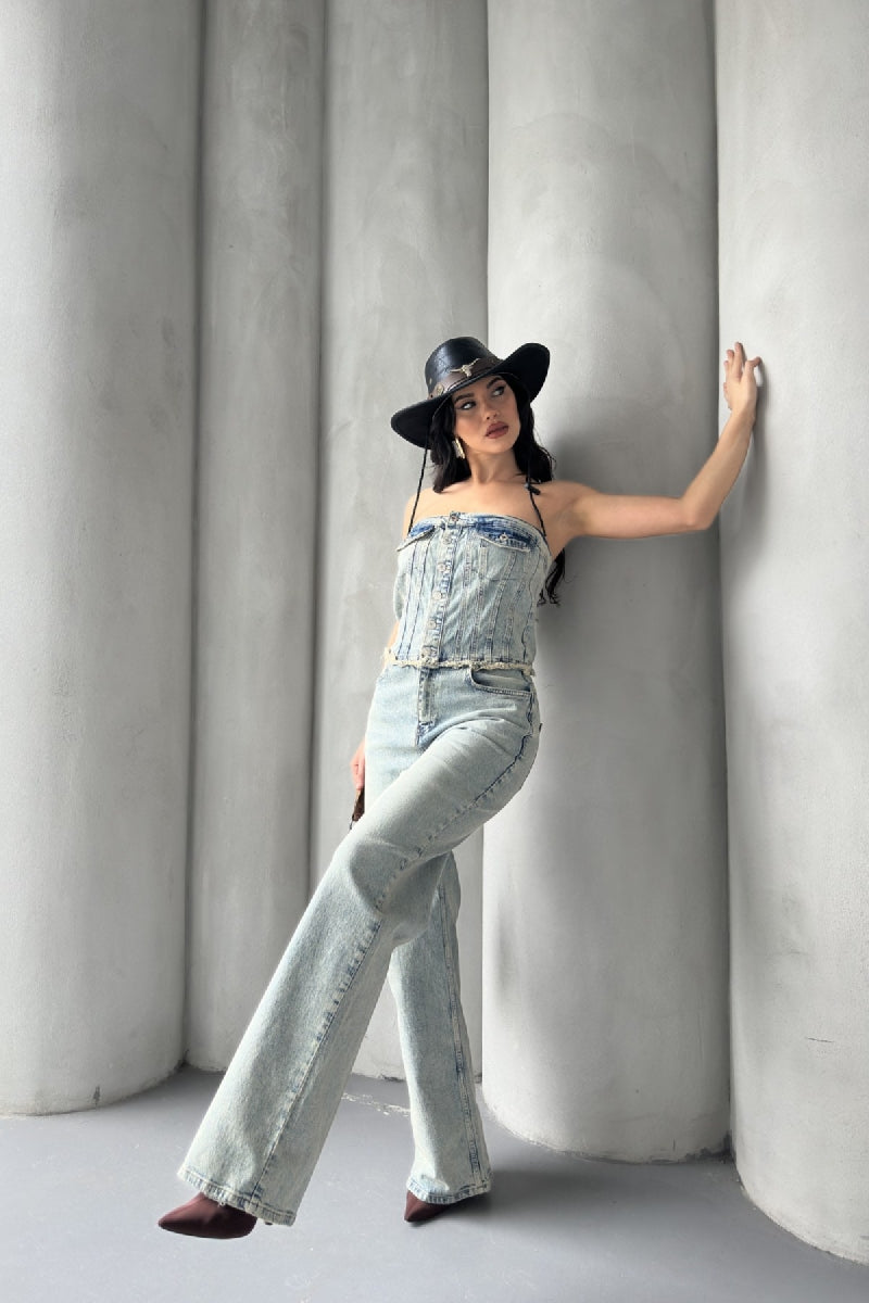 Straplez Detaylı Önü Düğmeli Kot Tulum - Buz Mavisi ve Tintli - (XS-XL-7) - 4