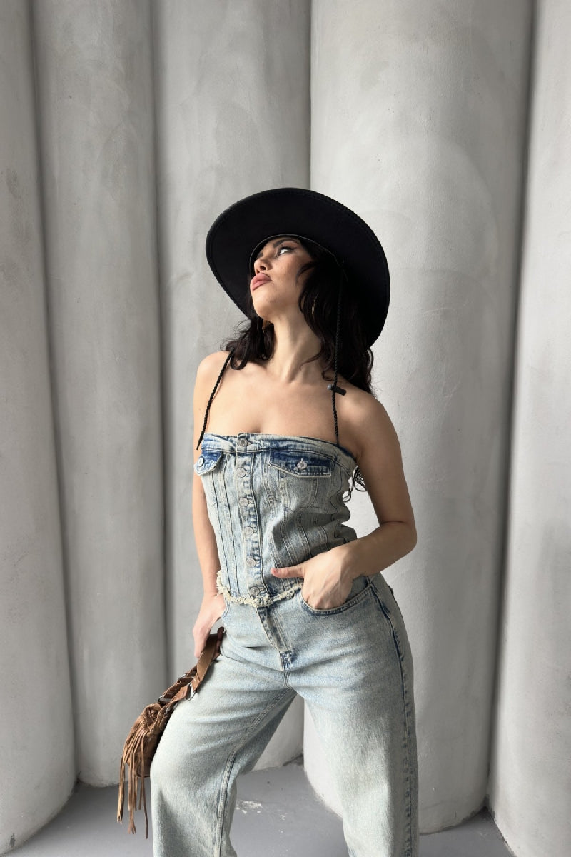 Straplez Detaylı Önü Düğmeli Kot Tulum - Buz Mavisi ve Tintli - (XS-XL-7) - 6