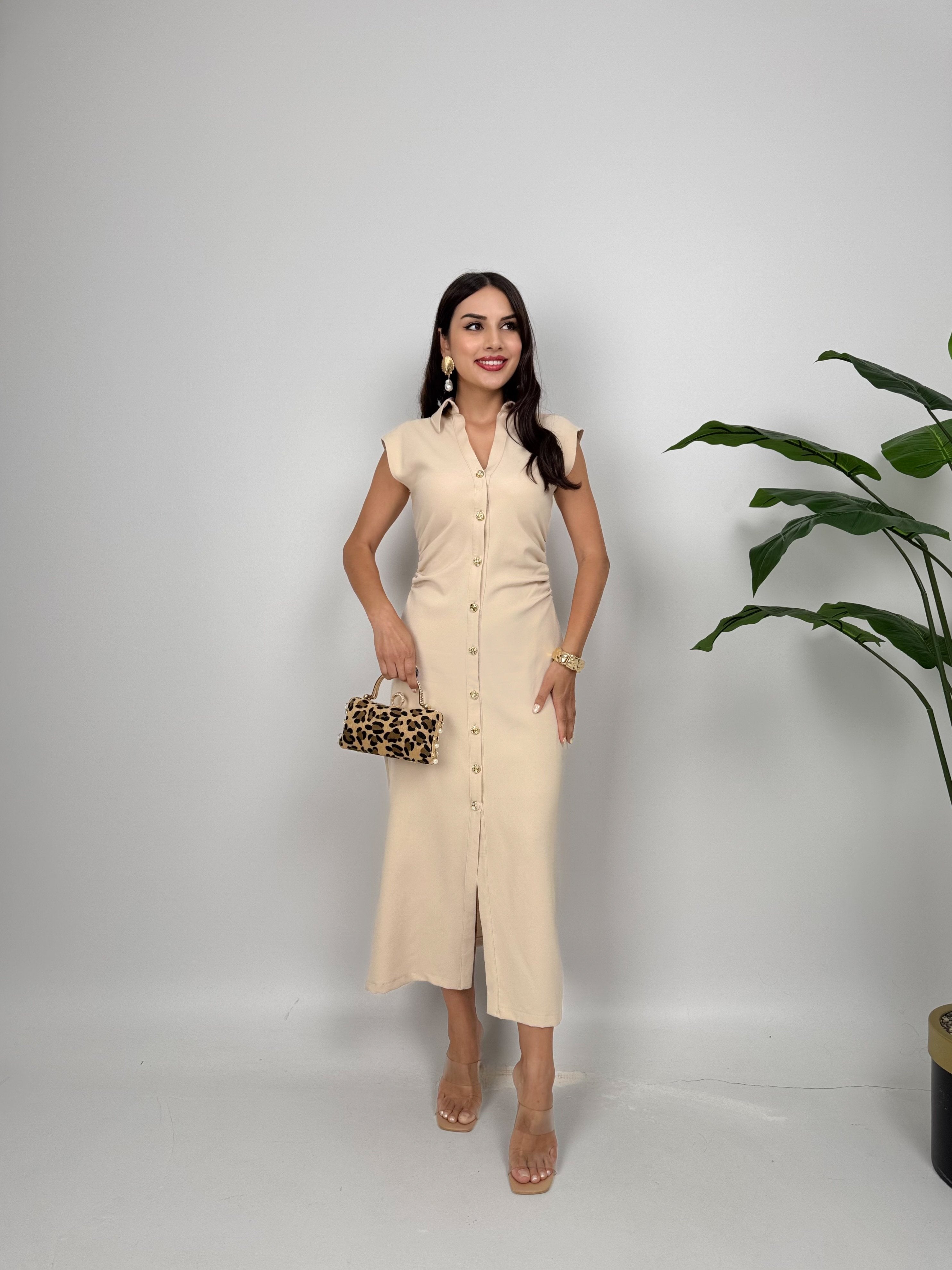 3026 ÖNDEN DÜĞMELİ ELBİSE