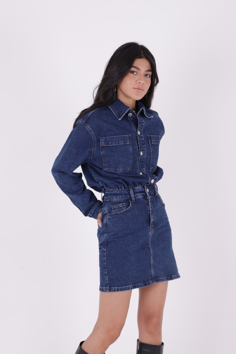 Düğmeli Mini Kot Elbise - Koyu Mavi Kot - (S-L-3) - 4