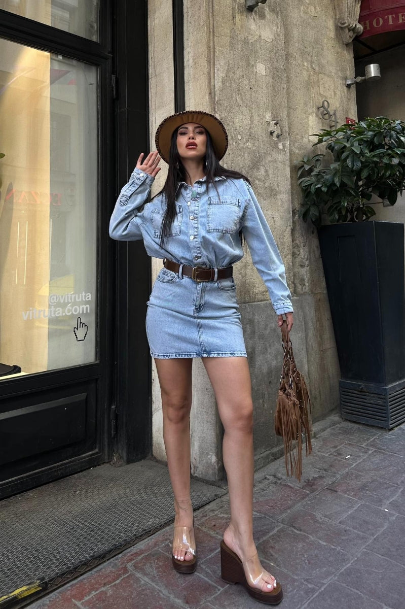 Düğmeli Mini Kot Elbise - Kar Yıkama Açık Mavi - (S-L-3) - 6