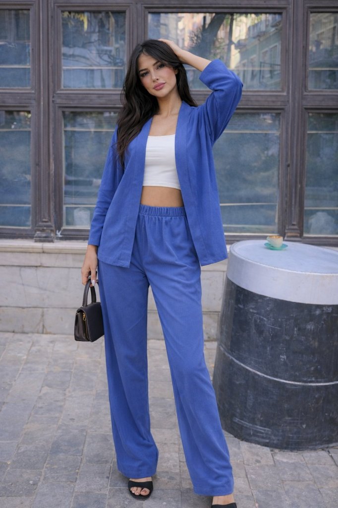 Women's Long Sleeve Open Front Woven Jacket and Trousers Two-Piece Set, 31875