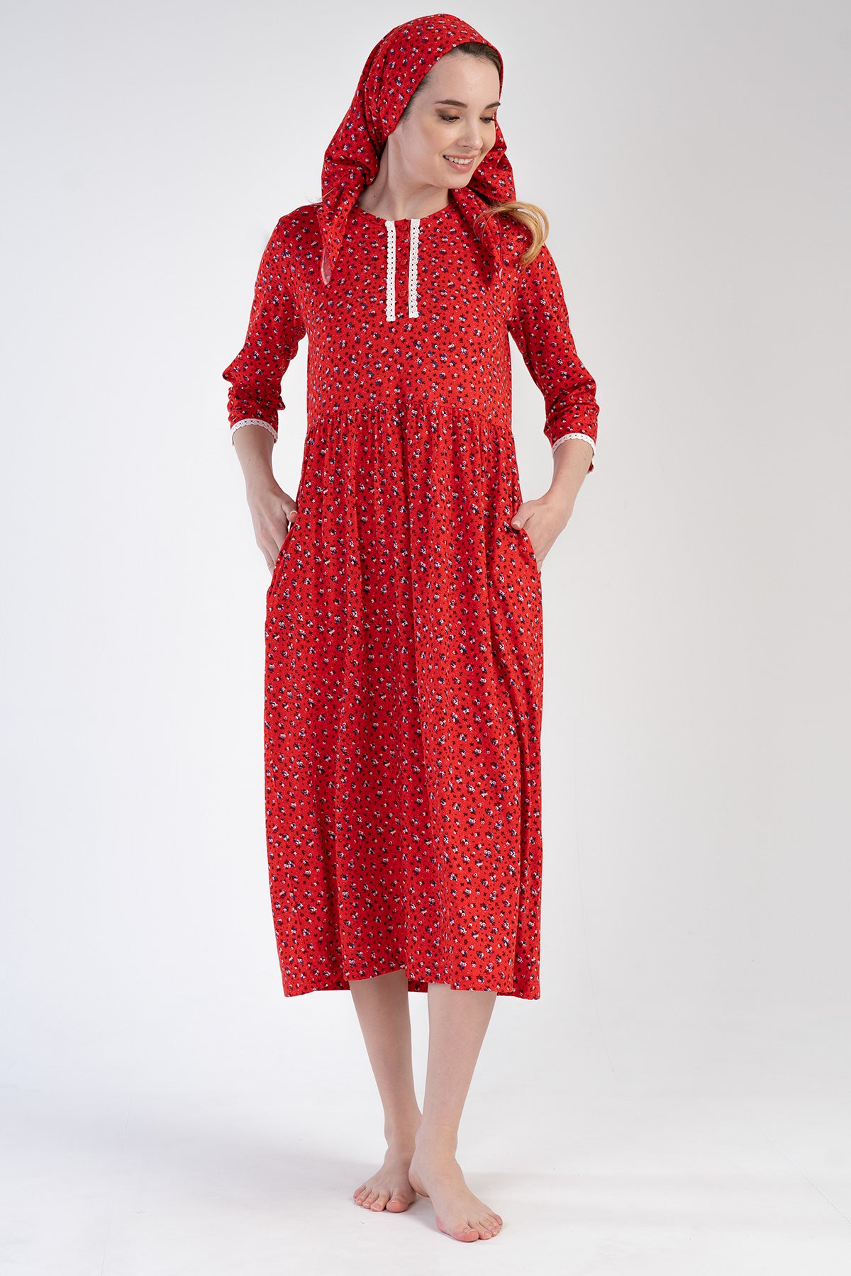 KADIN P.MODAL 3/4KOL DUGMELI CEPLI ELBISE