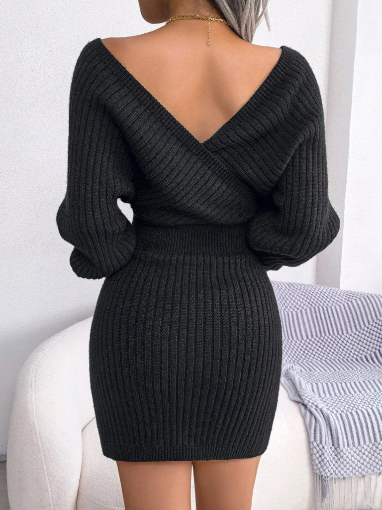 Women's Long-Sleeved Wrap Wide Collar Mini Knit Dress, 30303