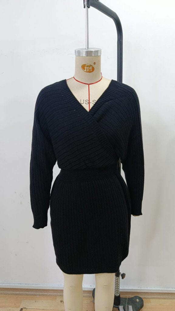 Women's Long-Sleeved Wrap Wide Collar Mini Knit Dress, 30303