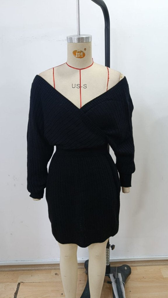 Women's Long-Sleeved Wrap Wide Collar Mini Knit Dress, 30303