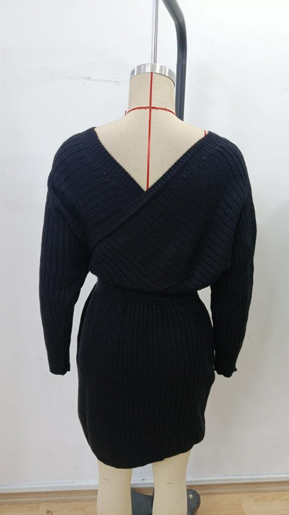 Women's Long-Sleeved Wrap Wide Collar Mini Knit Dress, 30303