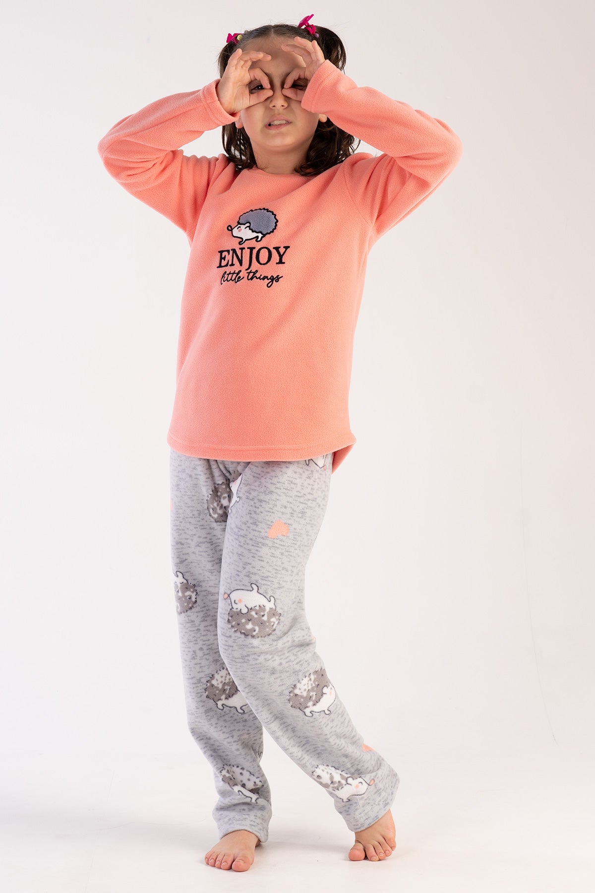 KIZ COCUK POLAR O YAKA UZUN KOL ETEGI OVAL PIJAMA TAKIM(7-8/13-14) - SEFTALI