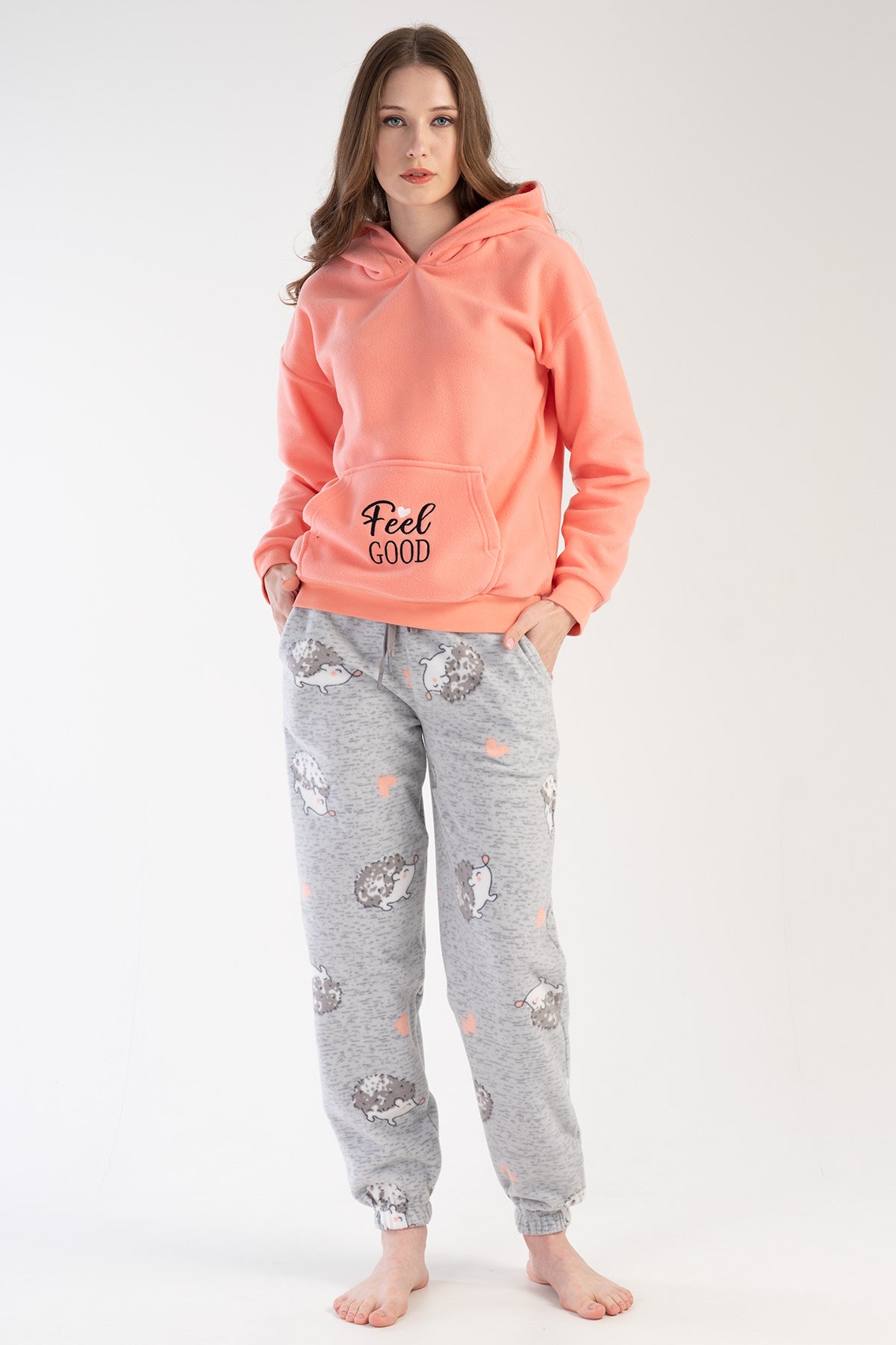 KADIN POLAR KAPSONLU DUSUK OMUZLU UZUN KOL KANGURU CEPLI MANSETLI PACASI BUZGULU CEPLI PIJAMA TAKIM