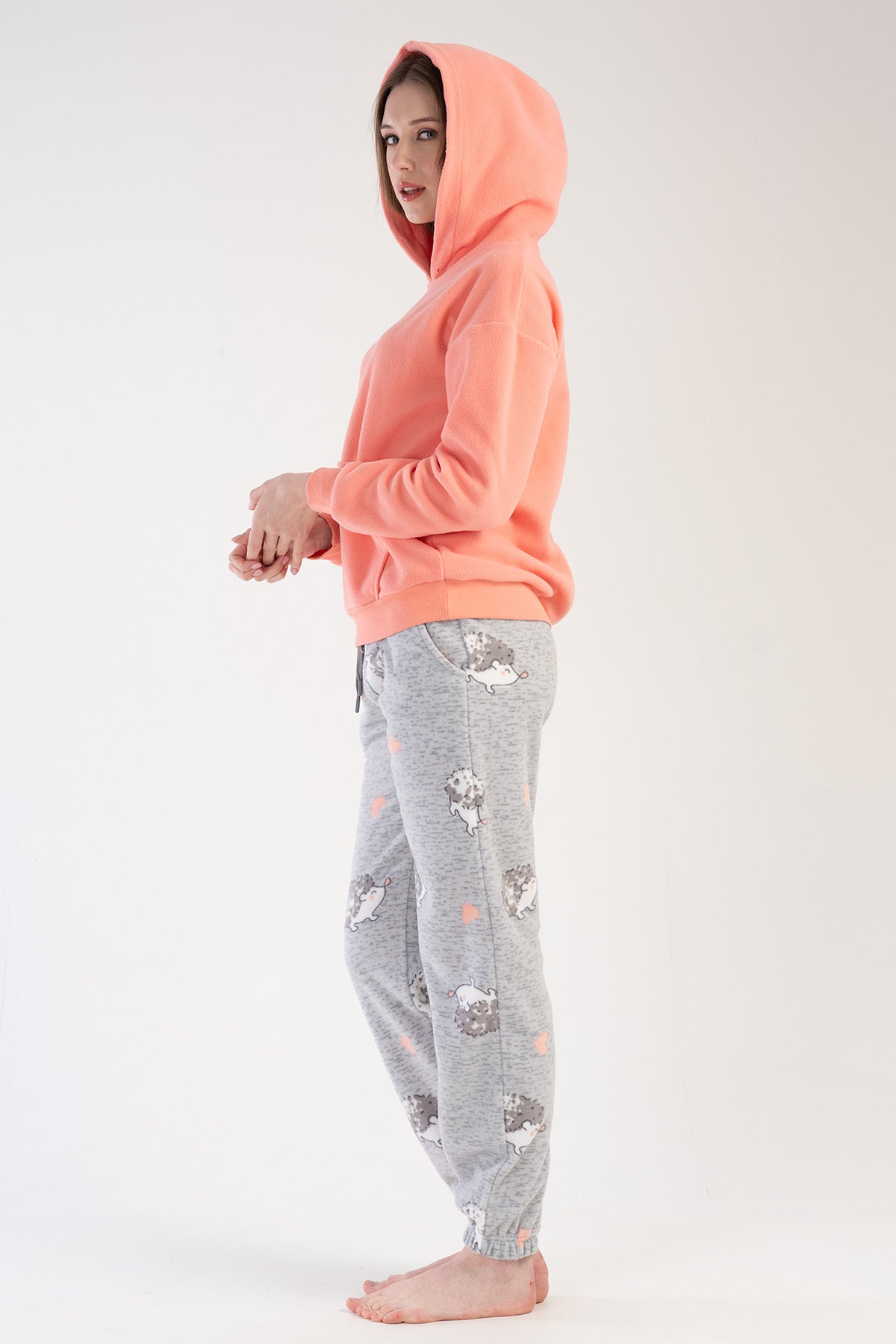 KADIN POLAR KAPSONLU DUSUK OMUZLU UZUN KOL KANGURU CEPLI MANSETLI PACASI BUZGULU CEPLI PIJAMA TAKIM